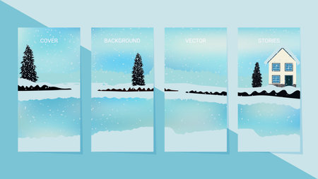 Set of templates for stories, social media banners mock up. House with fir trees on a lake covered with snow. Beautiful winter scene with frozen water and snowdrifts.のイラスト素材