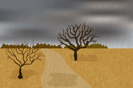 Autumn rainy day outdoor. Heavy clouds, water puddles on the field, bare trees.のイラスト素材