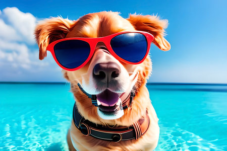 Cute Golden Retriever dog in sunglasses swimming in swimming poolの素材