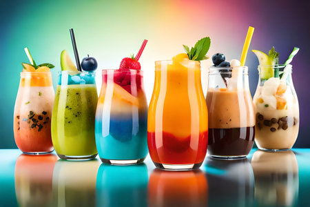 Variety of colorful fruit smoothies in glass jars on colorful backgroundの素材