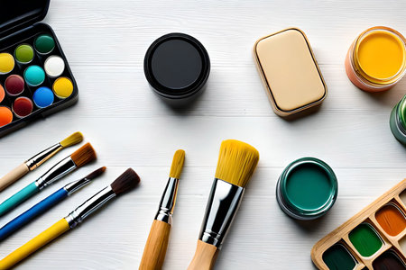 collection of  various make up and cosmetic products arranged on white wooden surfaceの素材