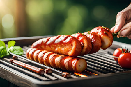 Grilling sausages on barbecue grill outdoors, close-upの素材