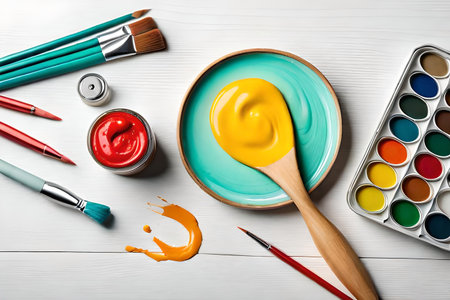 Set of artist tools and paints on white wooden table, top viewの素材