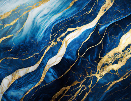 Marble texture background. Abstract blue and gold marble pattern with gold veins.の素材