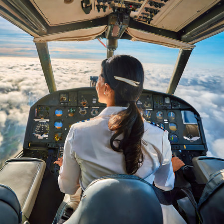 Beautiful young asian woman flying in the airplane over the cloudsの素材