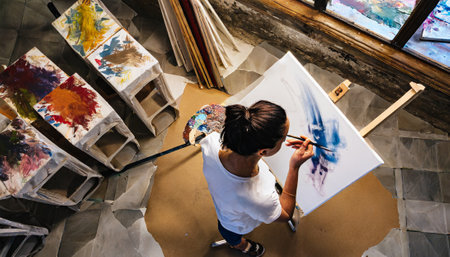 Top view of a young female artist painting a picture in her studioの素材