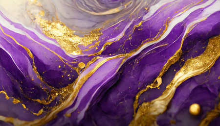 Purple and gold marbling pattern. Golden marble liquid texture.の素材