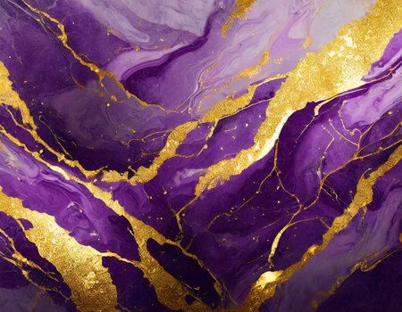 Marble abstract background with gold and purple paint. Liquid marble pattern.の素材