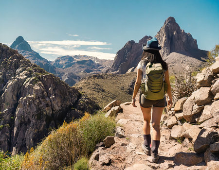 Female hiker on a trail in the Sierra Nevada mountains, Spainの素材
