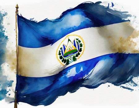 National flag of El Salvador in grunge style on watercolor backgroundの素材