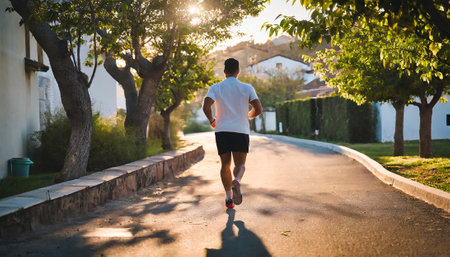 Running man jogging in city park at beautiful summer morning. Sport fitness model caucasian ethnicity training outdoor.の素材