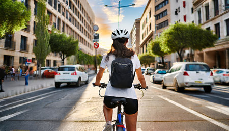 Rear view of a young woman riding a bike in the cityの素材