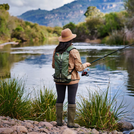 Back view of young woman in hat fishing with rod on river bankの素材