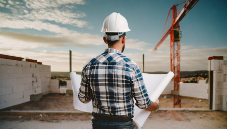 Architect or engineer on the construction site with blueprints in handの素材