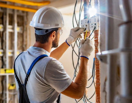 electrician in helmet and blue overalls with screwdriver repairing electrical wiringの素材