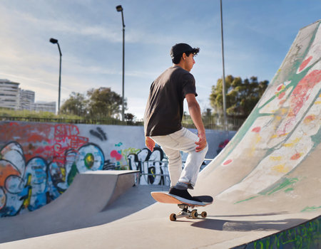 Skateboarder riding a skateboard in a skate park.の素材