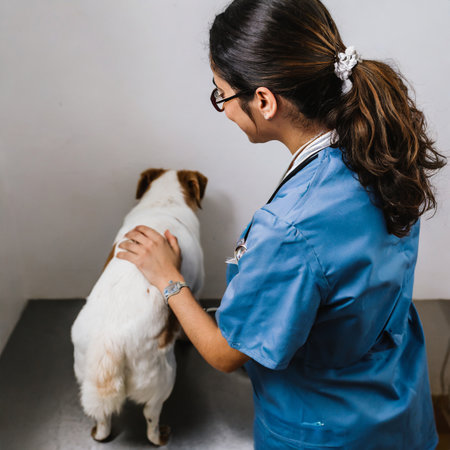 Veterinarian examining a dog in a veterinary clinic. Pet care.の素材
