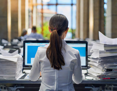 Businesswoman working in the office, she is using a computer and doing paperworkの素材
