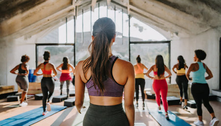 Back view of a group of young people practicing yoga in a gym.の素材