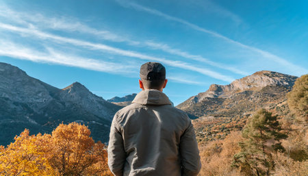 Man looking at the autumn landscape in the Sierra Nevada mountains, Spainの素材
