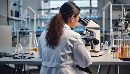 Scientist looking at microscope in laboratory. Young female scientist using microscope in laboratory.の素材