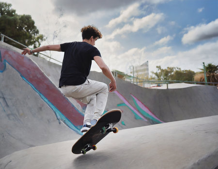 Skateboarder doing a trick on a skateboard in a skate park.の素材