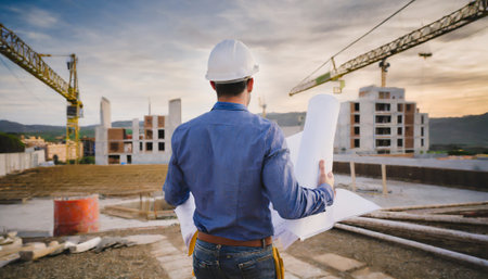 Rear view of engineer holding blueprint while standing on construction site.の素材