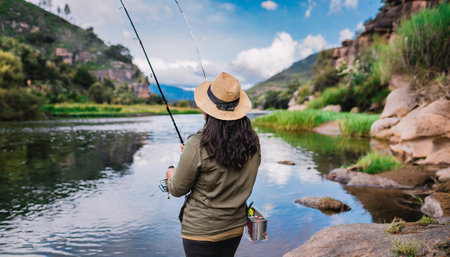 Young woman fishing with a spinning rod on the river in the mountainsの素材
