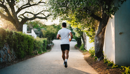 Running man jogging in city park at beautiful summer morning. Sport fitness model caucasian ethnicity training outdoor.の素材