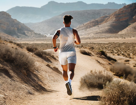 Running man jogging in the desert. Healthy lifestyle and fitness concept.の素材