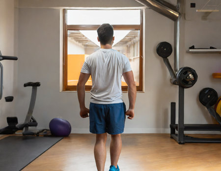 Rear view of man standing with hands on hips at crossfit gymの素材