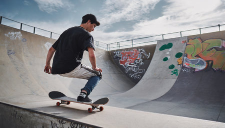 Skateboarder doing a trick on a skateboard in a skate park.の素材