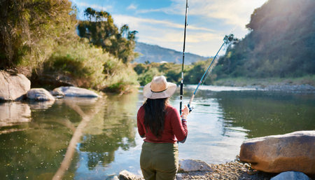 Young woman fishing with a rod on the river. Back view.の素材