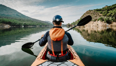 Rear view of a man paddling a kayak on a lakeの素材
