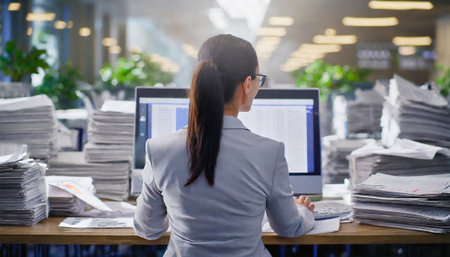 Businesswoman working in the office, she is using a computer and holding a documentの素材