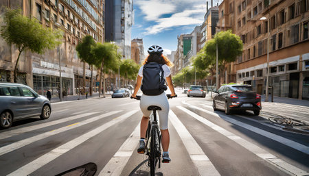 Rear view of a young woman riding a bicycle in the cityの素材
