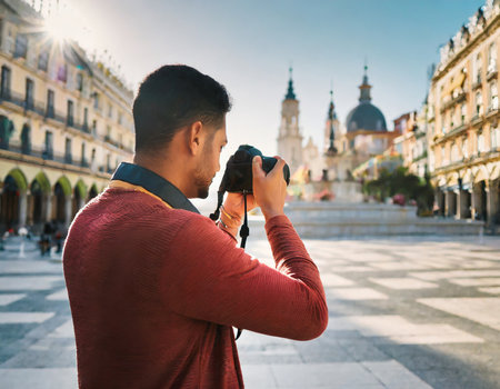 Young man taking photos with a camera in the old town of Pragueの素材