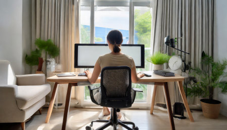 Rear view of young woman working from home on computer while sitting at her deskの素材
