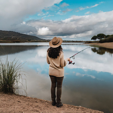 Back view of young woman in hat holding fishing rod while standing on river bankの素材