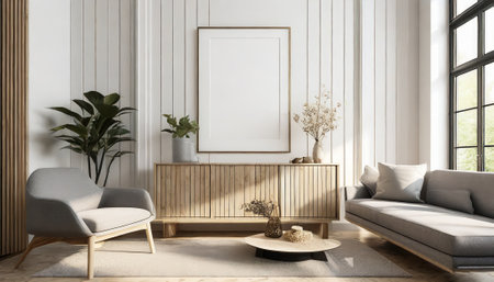 Mock up poster frame in modern living room interior, 3d renderの素材