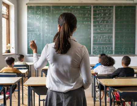 Rear view of female teacher standing in front of chalkboard in classroomの素材