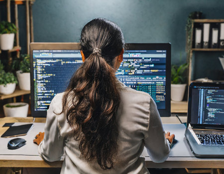 Rear view of female programmer working on desktop computer while sitting in officeの素材
