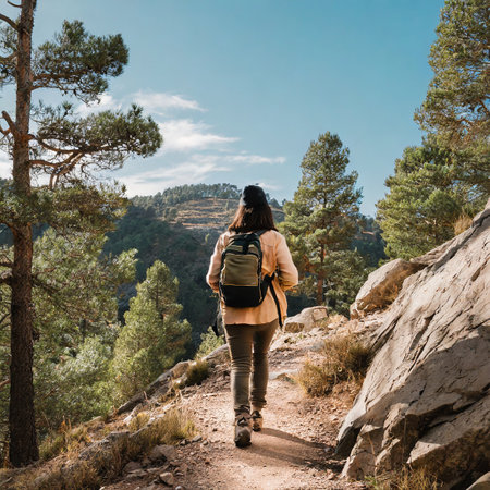 Back view of young woman with backpack hiking on a trail in the mountainsの素材