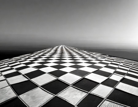 Black and white image of a checkered floor against a dark sky.の素材