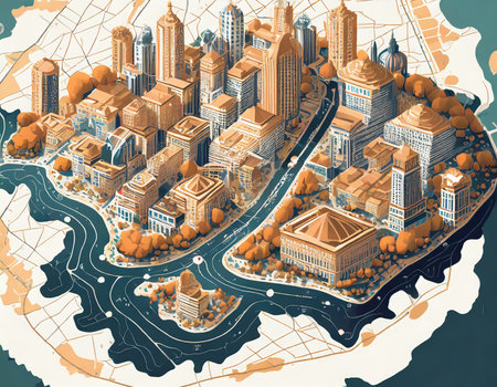 Vector isometric illustration of the city with a river in the center.の素材