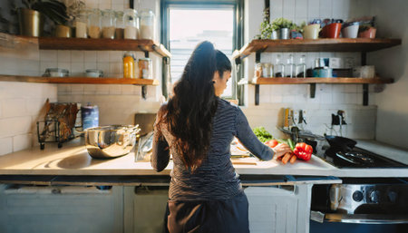 Young woman cooking in the kitchen at home. Healthy food concept.の素材