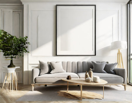 Living room interior with gray sofa, coffee table, plants and mock up poster frame. 3d renderの素材