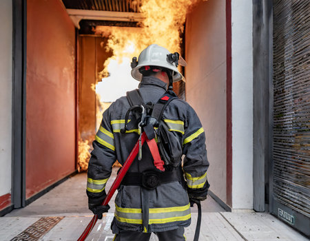 Firefighter in uniform and helmet extinguishing fire in a building.の素材