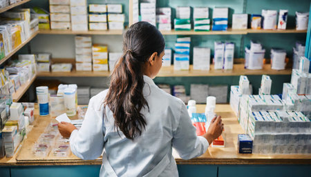 Rear view of female pharmacist working at counter in drugstoreの素材