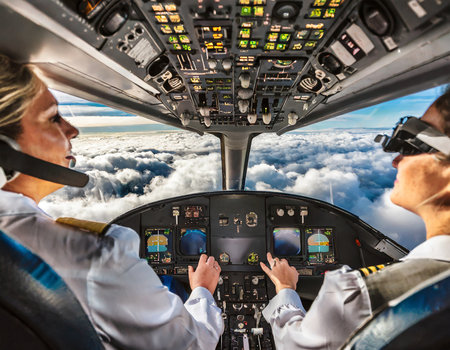 Pilot and stewardess in the aircraft cockpit flying above cloudsの素材